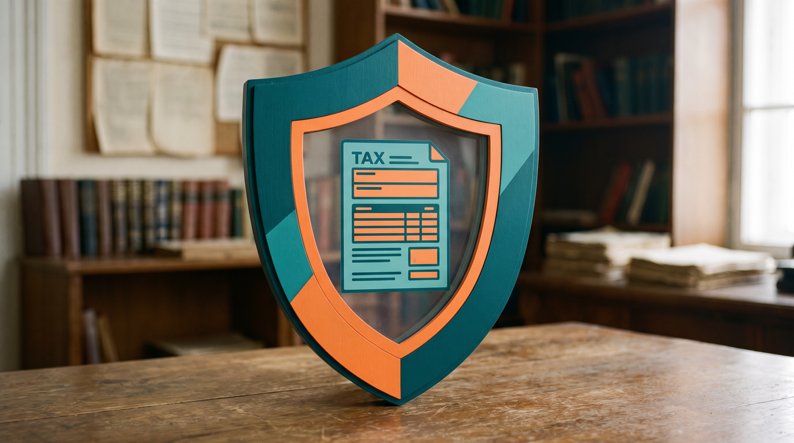 A teal and orange shield enclosing a tax return document on a desk in an accounting office, representing FTC Safeguards Rule data protection duties for Houston CPA firms