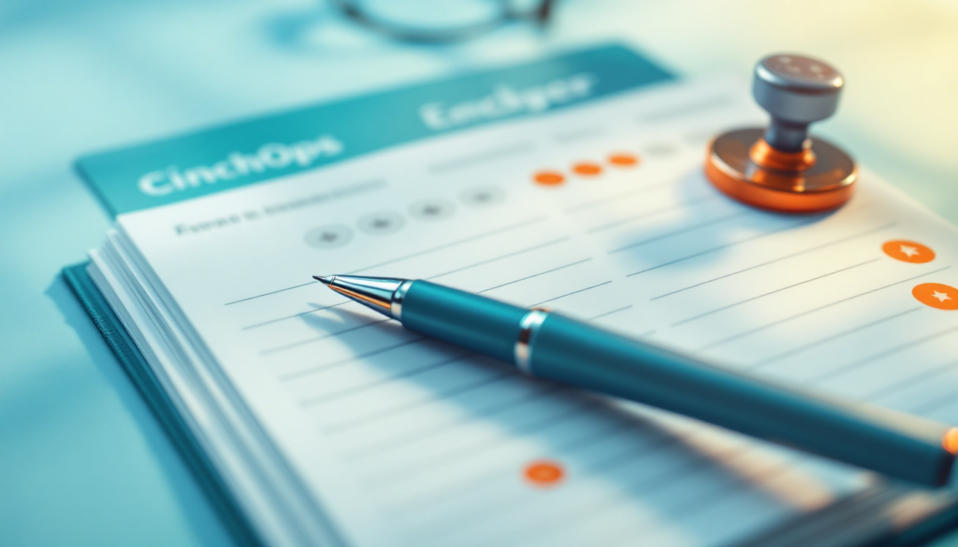 Ledger checklist with a pen and a stamp in CinchOps teal and orange, illustrating a written AI inventory