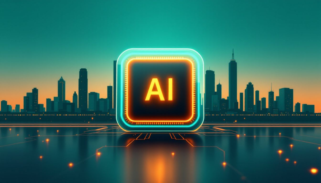 Glowing AI microchip in front of a teal Houston skyline, representing AI security for small businesses