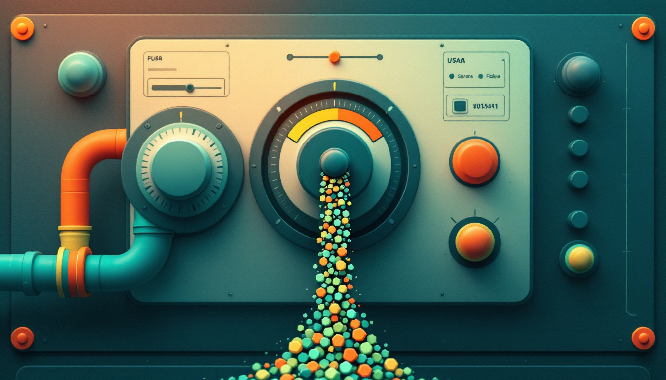 Control panel with a large dial releasing a stream of teal and orange AI tokens