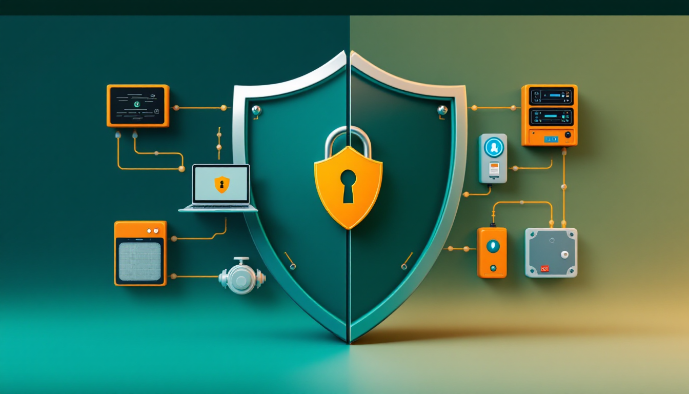 A split security shield protecting office laptops on one side and building and industrial controls on the other