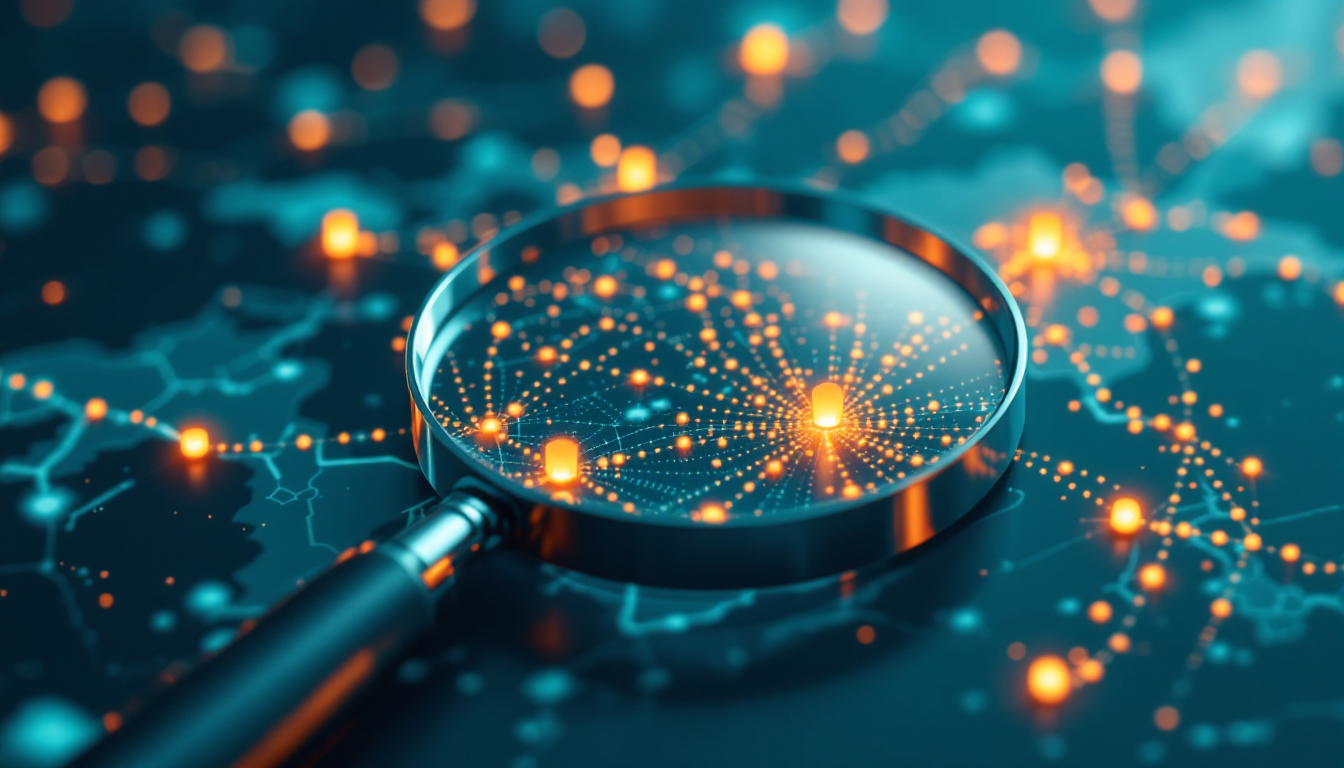 Magnifying glass over a network map revealing a quiet path of glowing nodes between servers