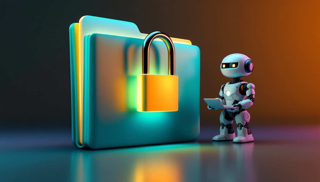 A padlocked teal folder beside a small robot holding a laptop, representing AI governance and data access control