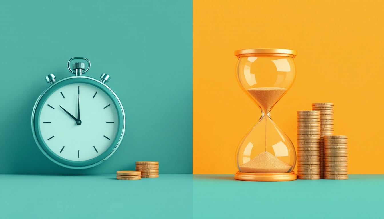 Flat illustration of a stopwatch beside a small stack of coins and an hourglass beside a tall stack of coins, contrasting a fast, low-cost AI model with a slow, costly one