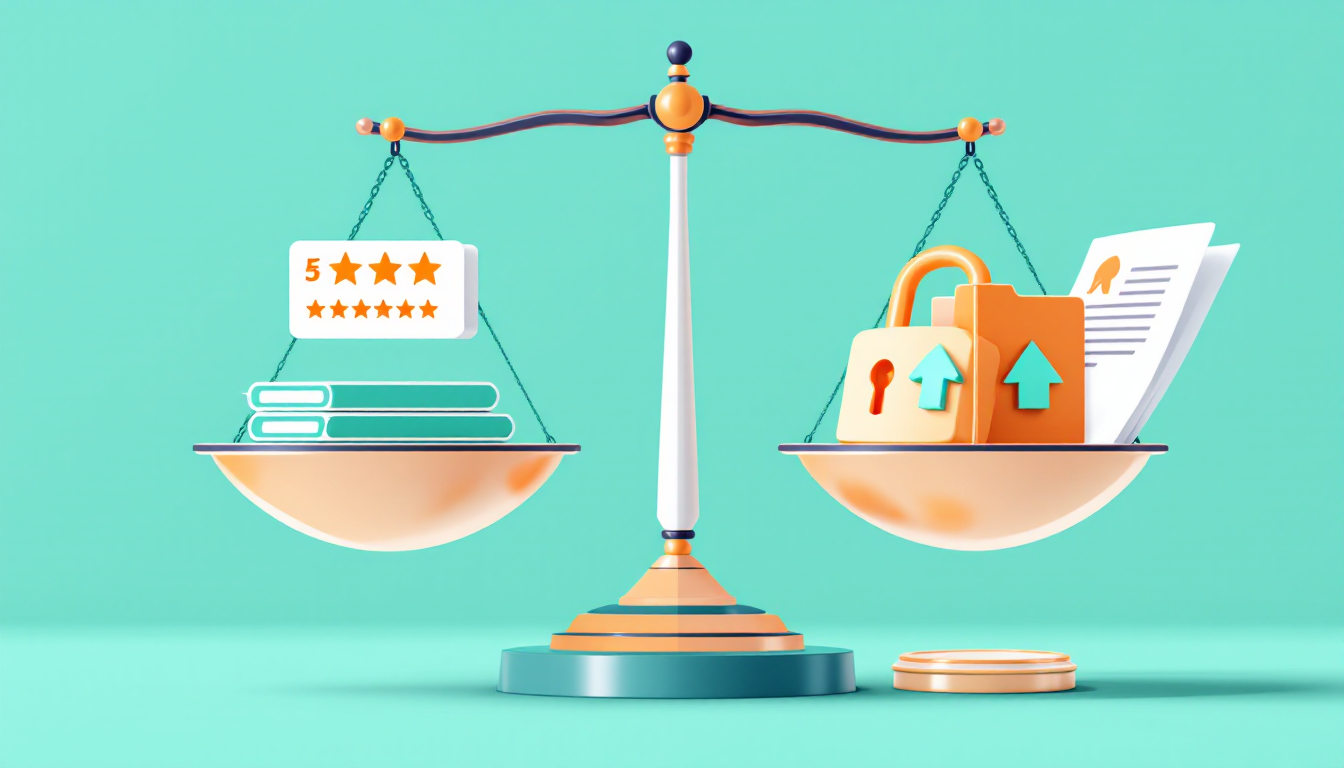 Scales of justice weighing five-star review cards against a padlock, folder and documents