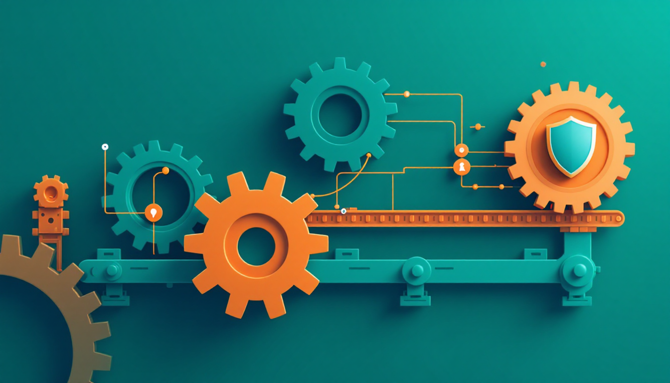 Flat vector illustration of interlocking gears and a conveyor line with a protective shield set inside an orange gear, in CinchOps teal and orange