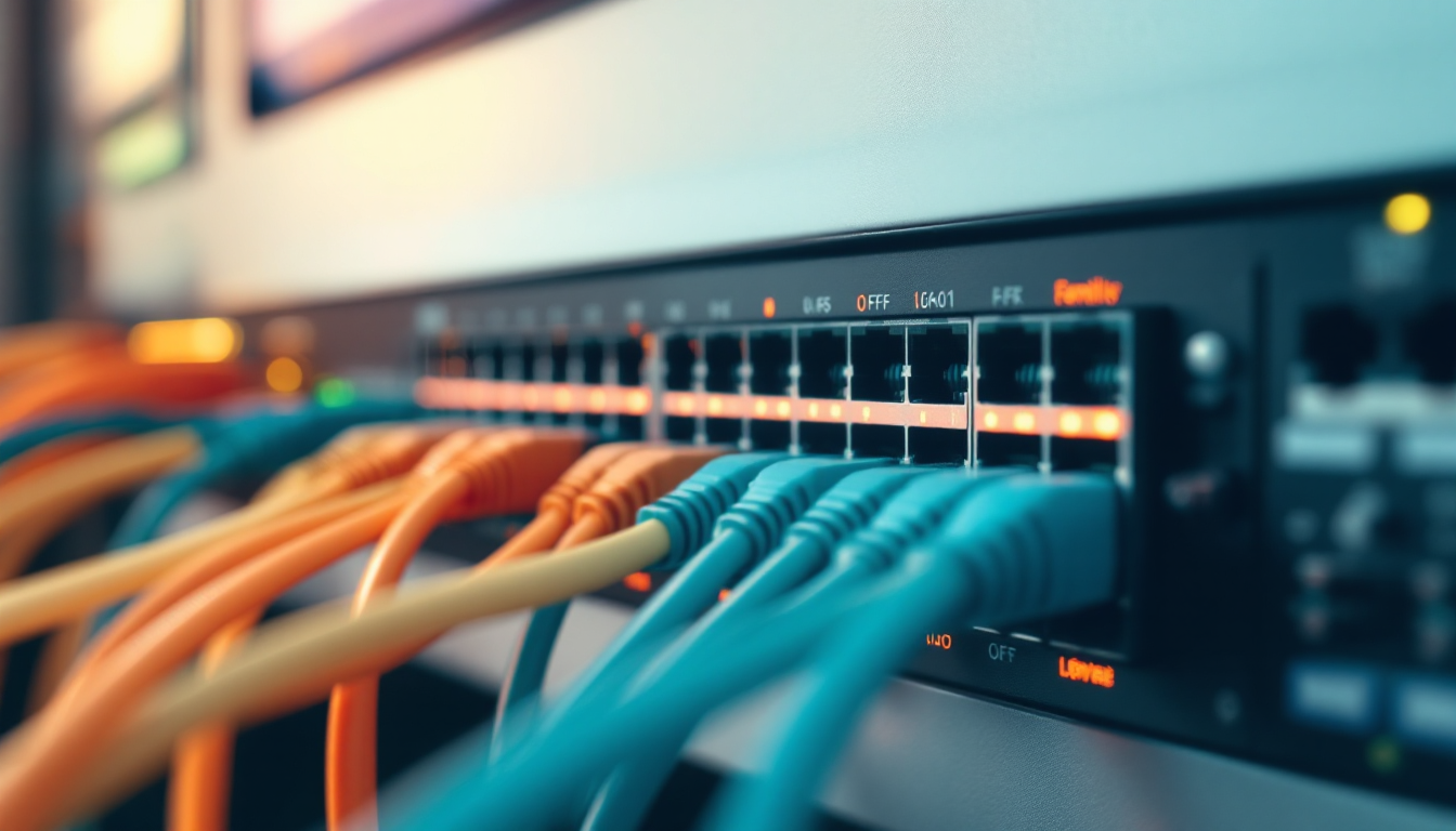Network switch with teal and orange patch cables sorted into separate groups, illustrating network segmentation