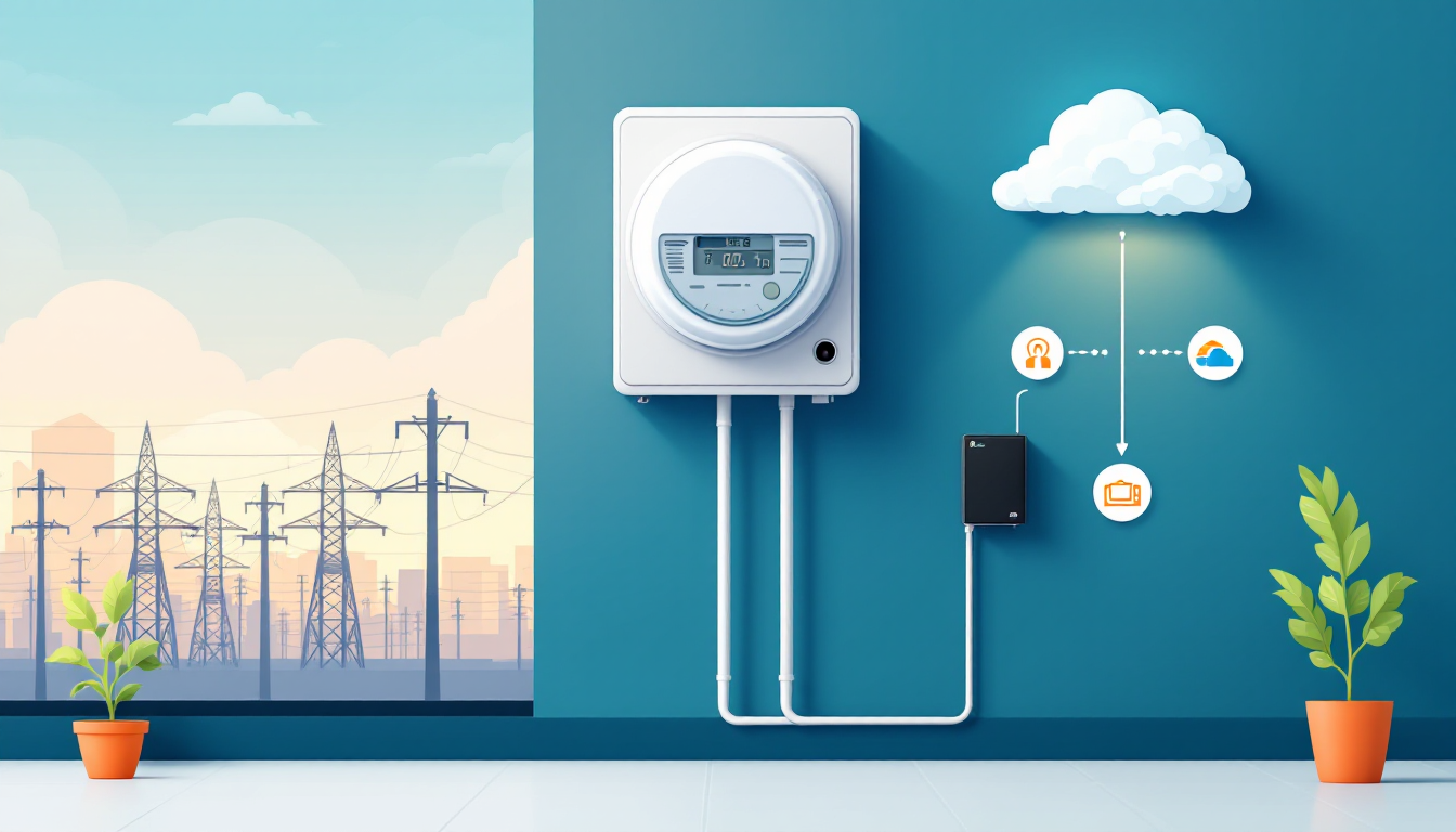 Flat illustration of an electric meter on an office wall with transmission towers outside the window, a backup power unit and a cloud connection