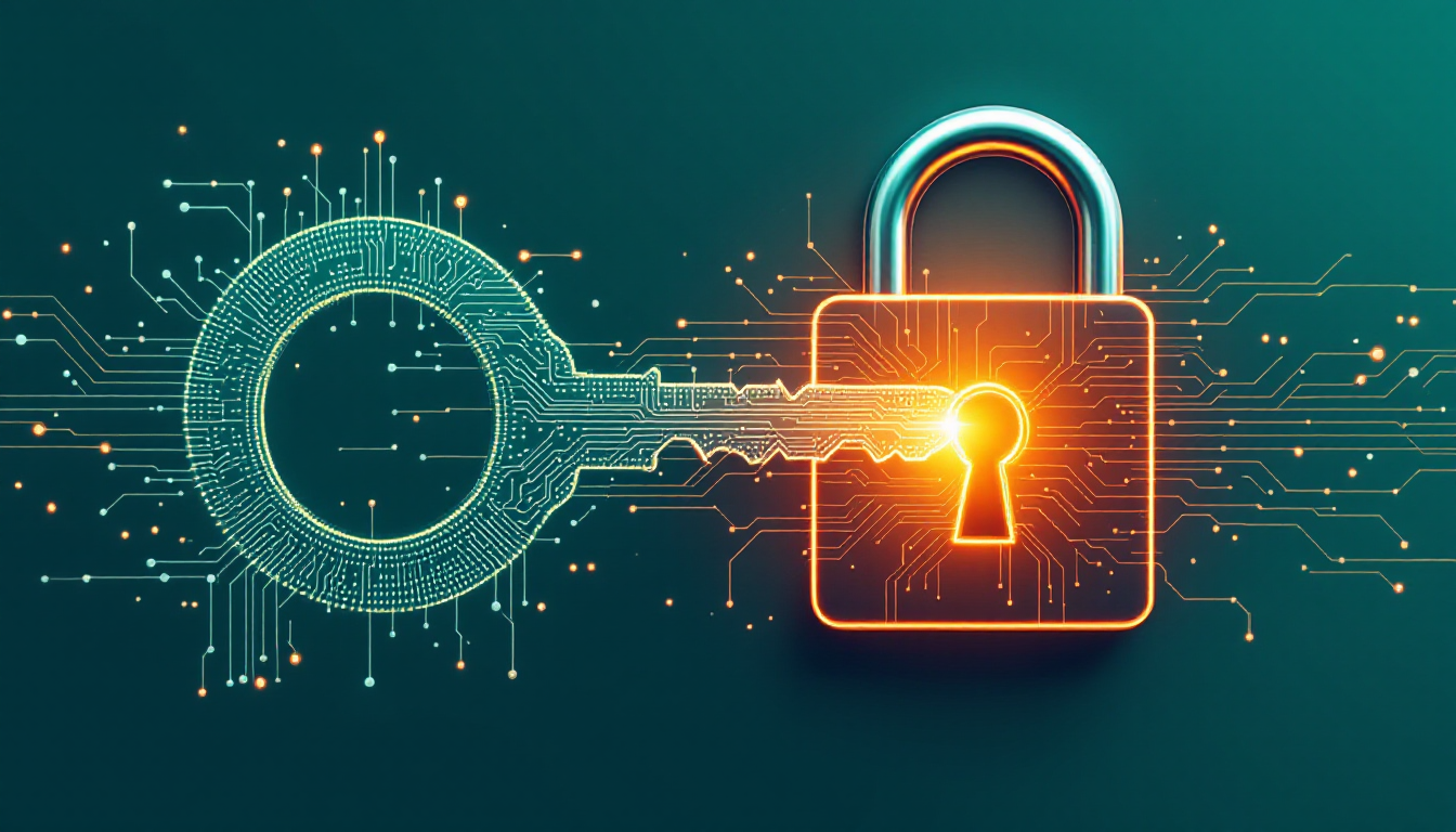 Circuit-line key turning in a glowing padlock, representing authorized penetration testing
