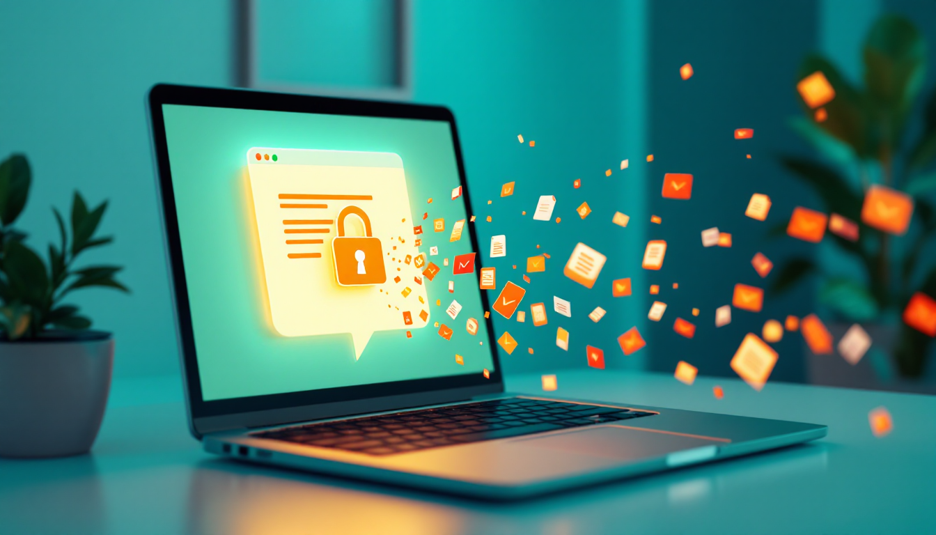 Laptop with an AI chat window as company documents stream out of it, illustrating shadow AI data risk for small businesses