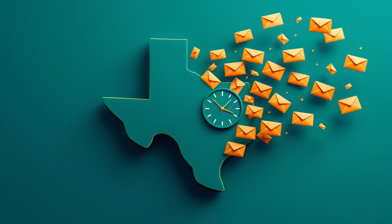 Outline of Texas with a clock face and sealed envelopes flying outward, illustrating the Texas breach notification deadlines