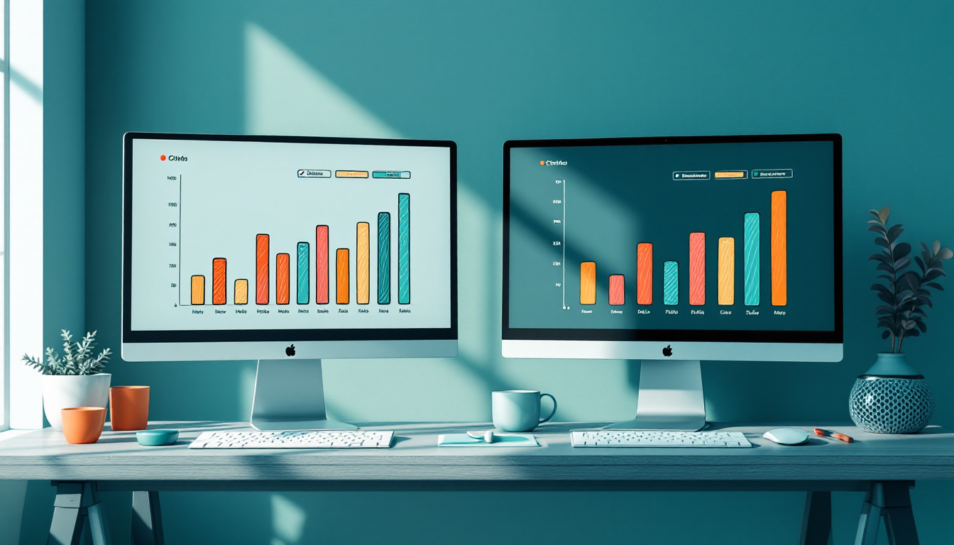 Two desktop monitors on an office desk showing matching bar charts, illustrating AI workflows for a small business