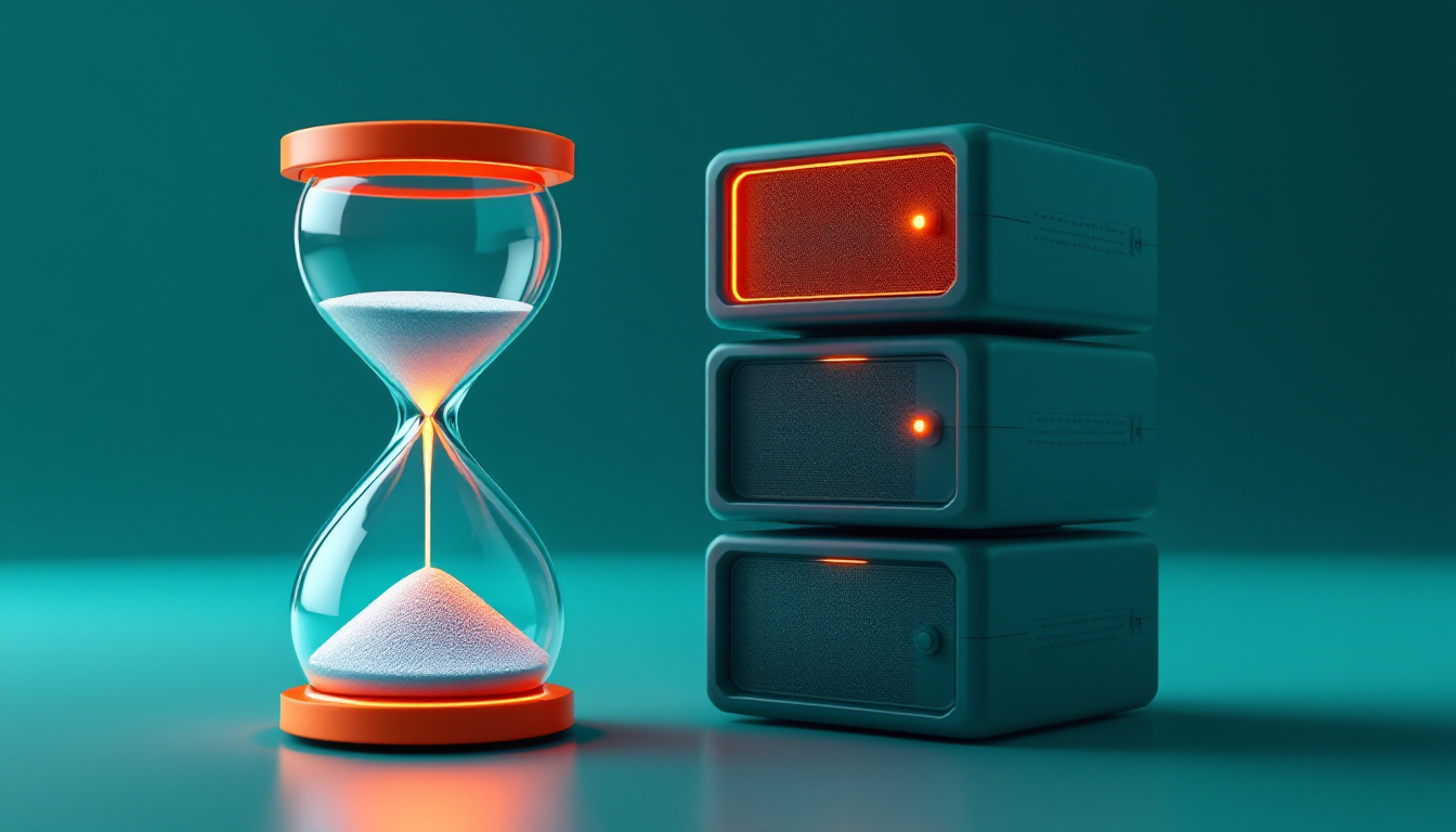 An hourglass beside three stacked server blocks, the top block lit orange