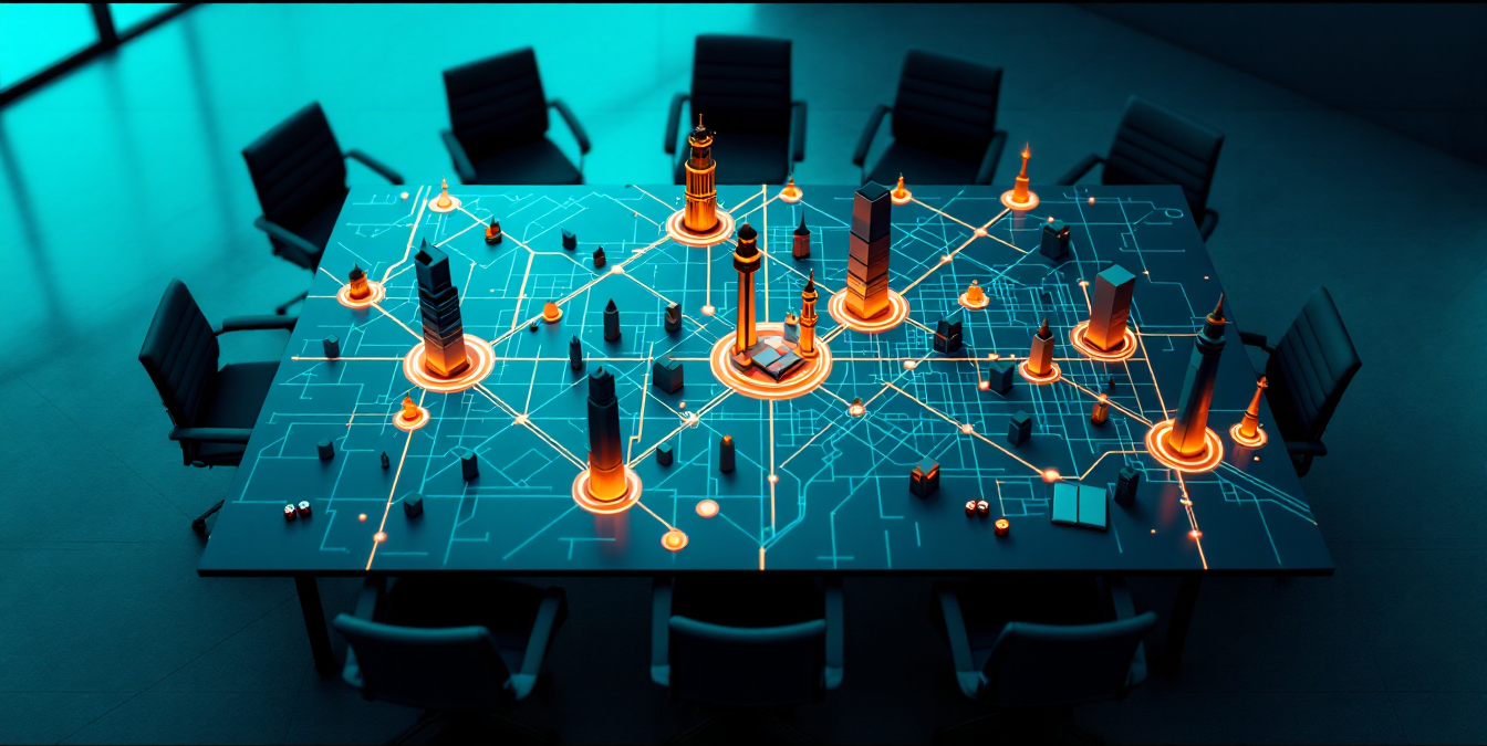 Conference table whose surface is a glowing city network map with small towers marked by orange warning rings, surrounded by empty chairs