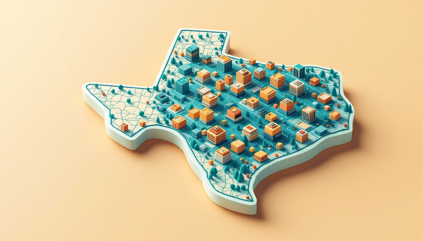 Flat illustration of a raised outline of Texas covered in small data center buildings, for a post on ERCOT Batch Zero data center load in Harris County
