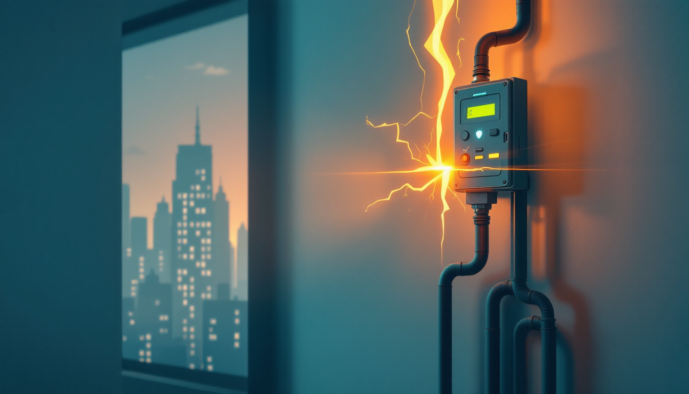 Illustration of lightning arcing into a wall-mounted electrical panel beside a window overlooking a city skyline