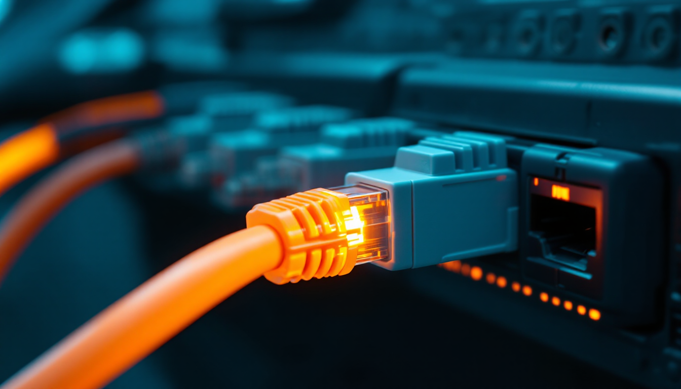 Close-up of an orange network cable plugged into a switch port, glowing among dimmer cables