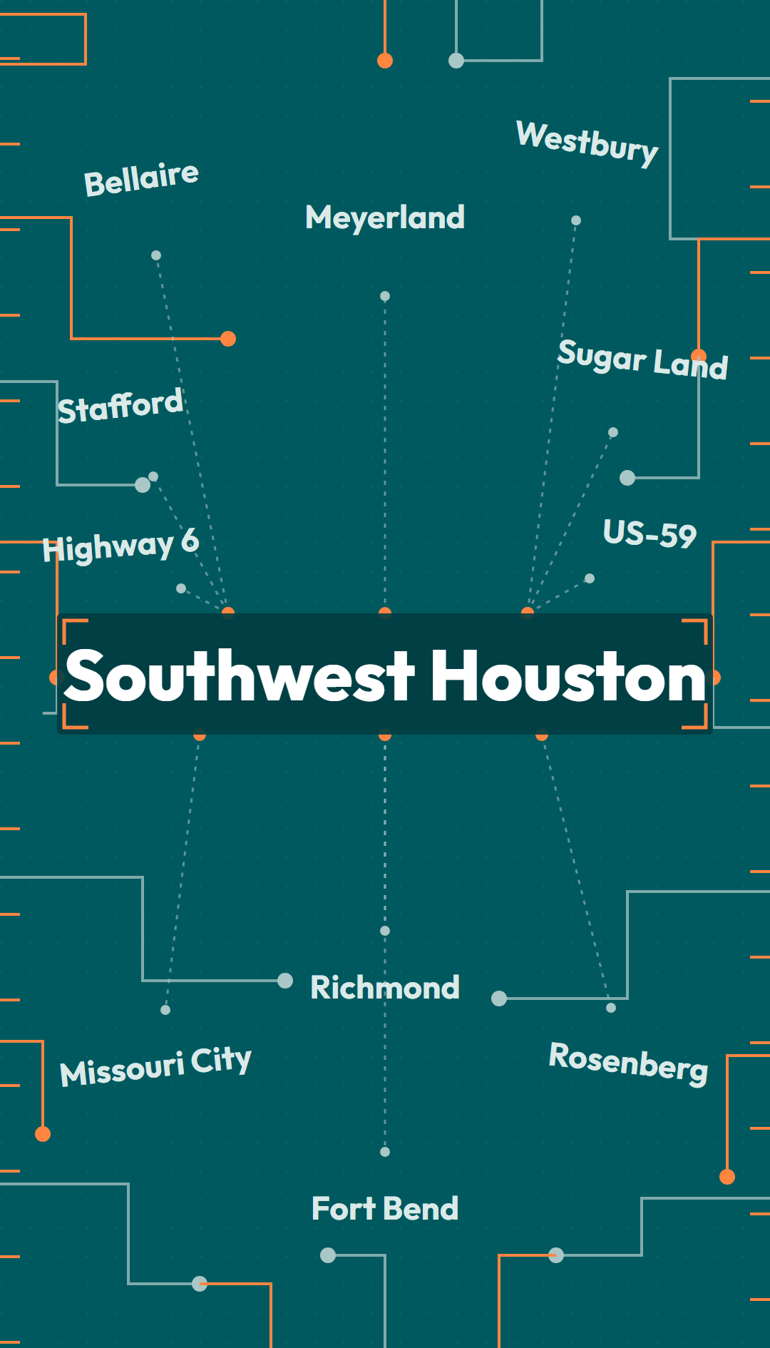 Map graphic of CinchOps managed IT coverage across Southwest Houston and Fort Bend: Sugar Land, Stafford, Missouri City, Richmond, Rosenberg, Bellaire and Meyerland