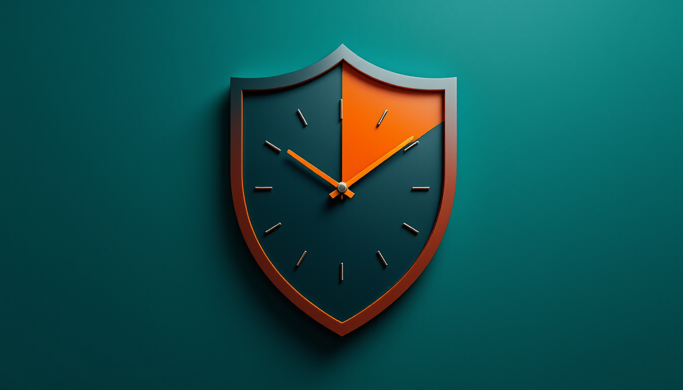 A shield-shaped wall clock with an orange wedge marking a short slice of the dial, in CinchOps teal and orange