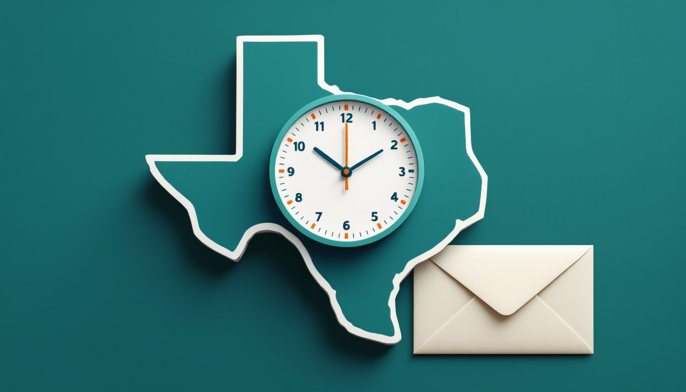 Outline of Texas with a clock and a sealed envelope, representing Texas data breach reporting deadlines