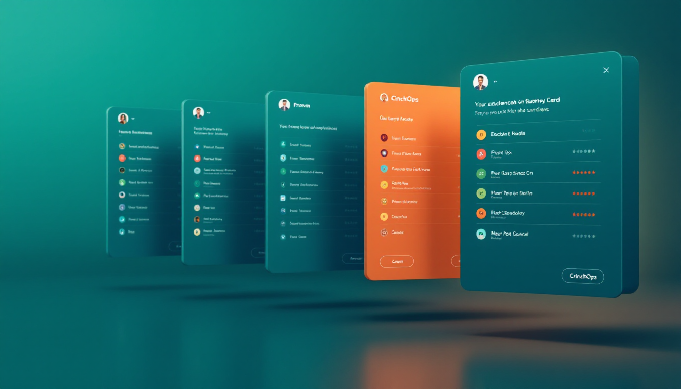 Five floating app panels in teal and orange lined up in a row, illustrating separate business apps connected through MCP servers