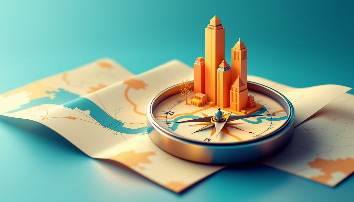 Compass resting on a folded map with a cluster of orange towers rising from its center, in CinchOps teal and orange