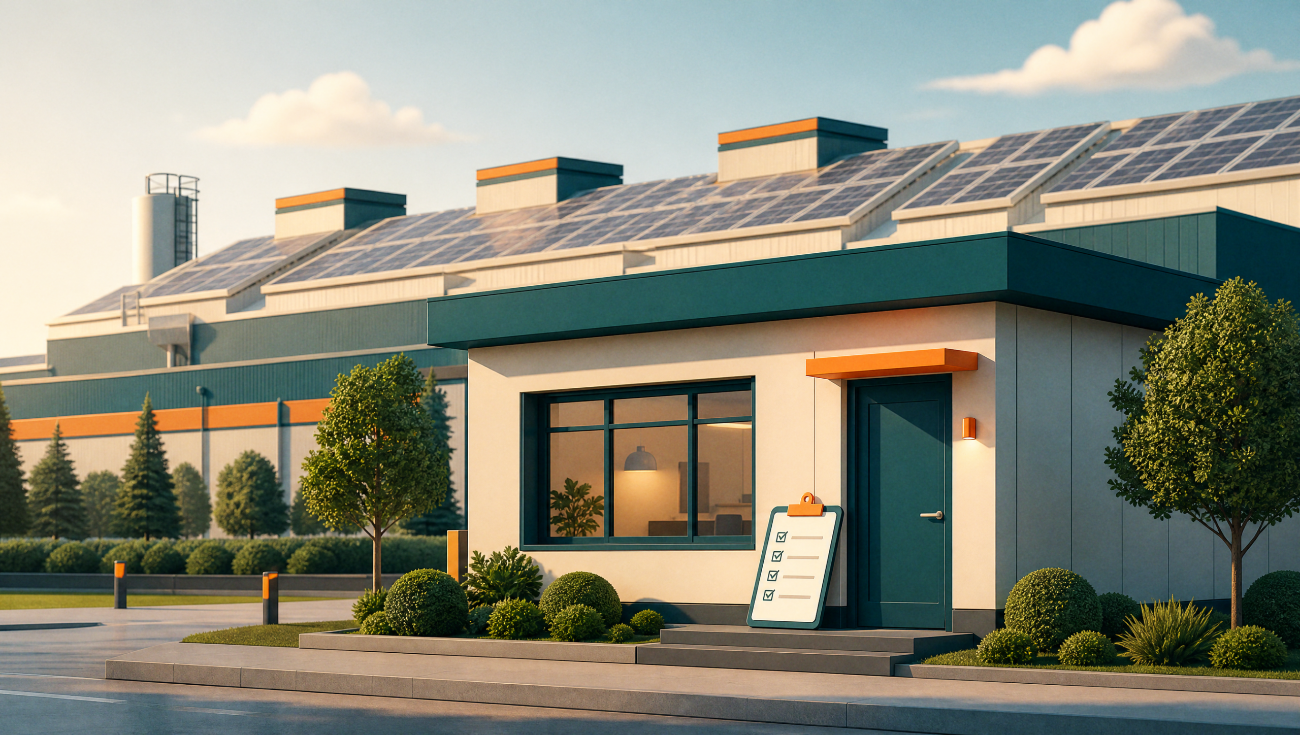 Flat illustration of a small office building with a clipboard checklist at its door in front of a large solar panel factory roof
