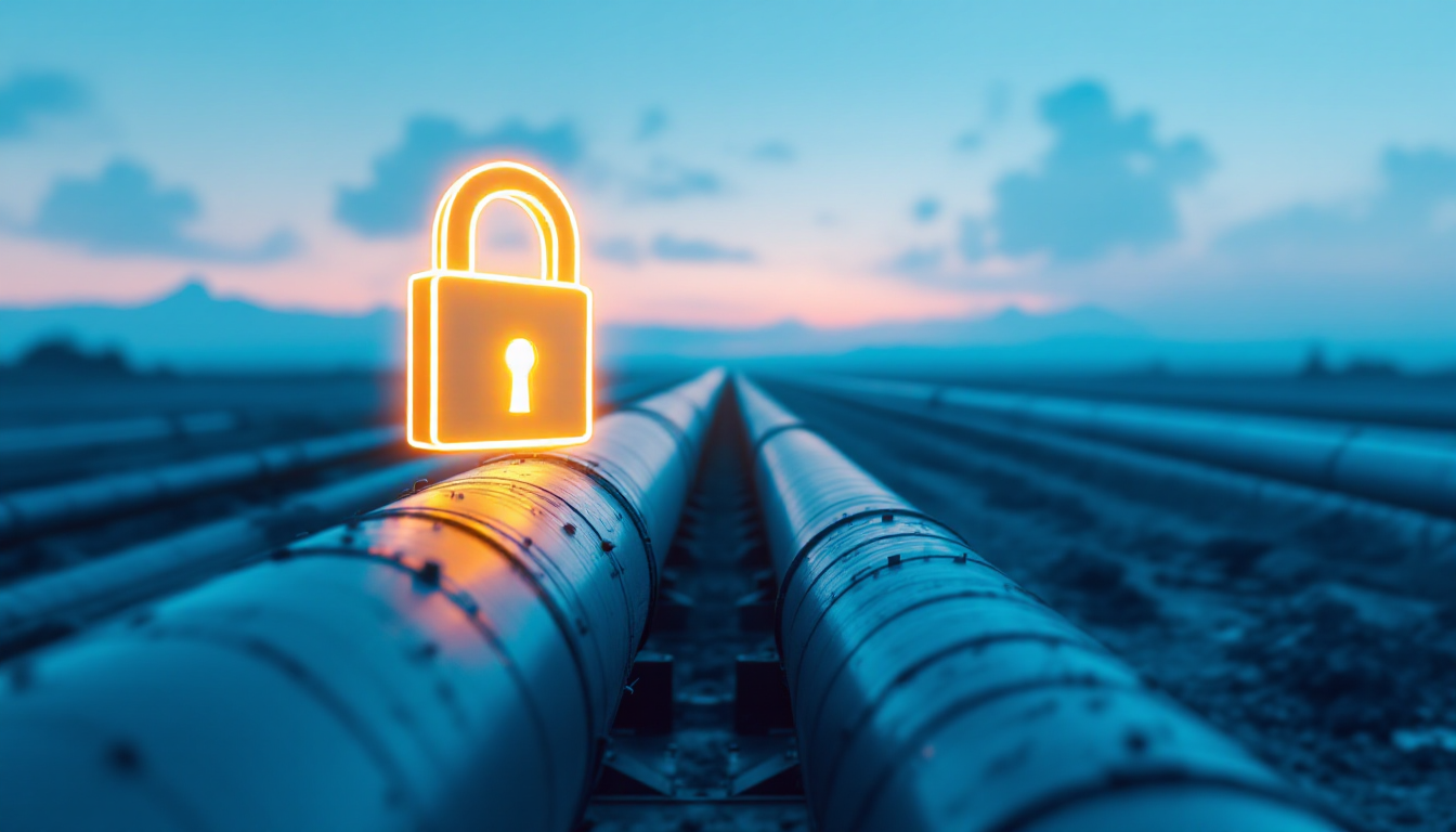 Natural gas pipelines running toward the horizon with an orange padlock above them, representing pipeline cybersecurity