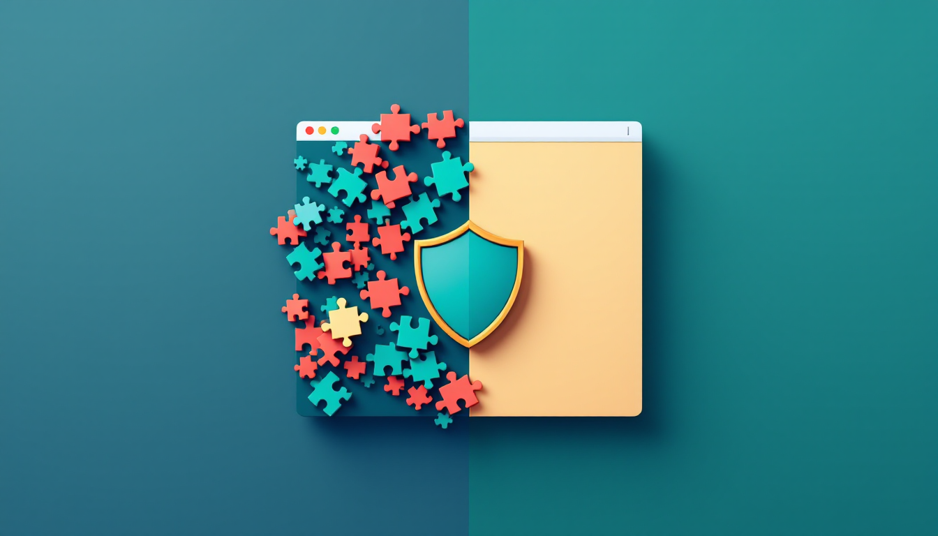 Browser window split in two: scattered puzzle-piece extensions on one side, a few approved pieces under a shield on the other