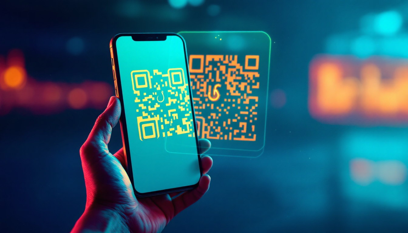 A phone scanning a glowing QR code beside a second floating QR code with a hidden hook in its pattern