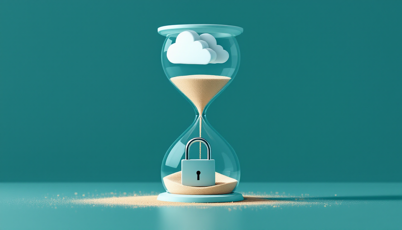 Hourglass with a cloud in the top chamber and sand running down onto a closed padlock, for remote employee offboarding
