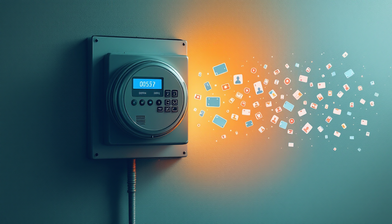 Utility meter on a wall with small identity-card shapes streaming out of an open panel door, in teal and orange