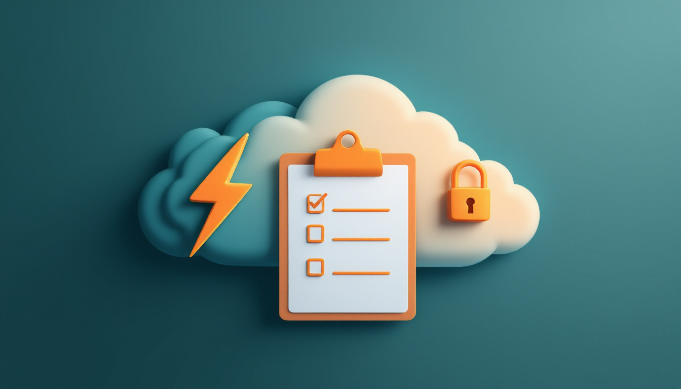 Cybersecurity checklist on a clipboard in front of a storm cloud with a lightning bolt and a padlock