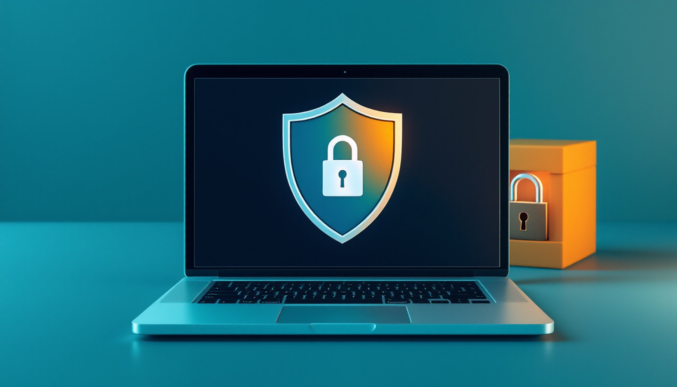 Laptop with a shield and padlock on its screen beside a locked box holding a second padlock, for a stolen company laptop