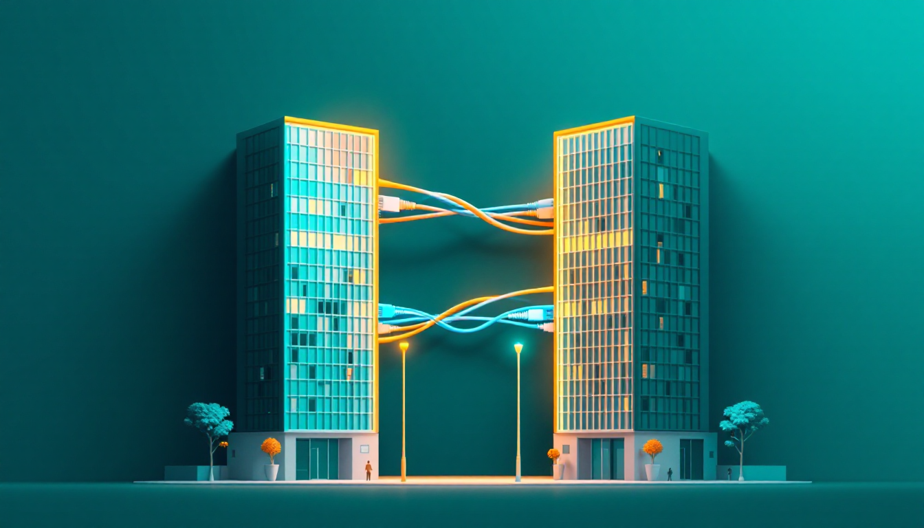 Two office towers joined by braided network cables, for IT integration after an acquisition