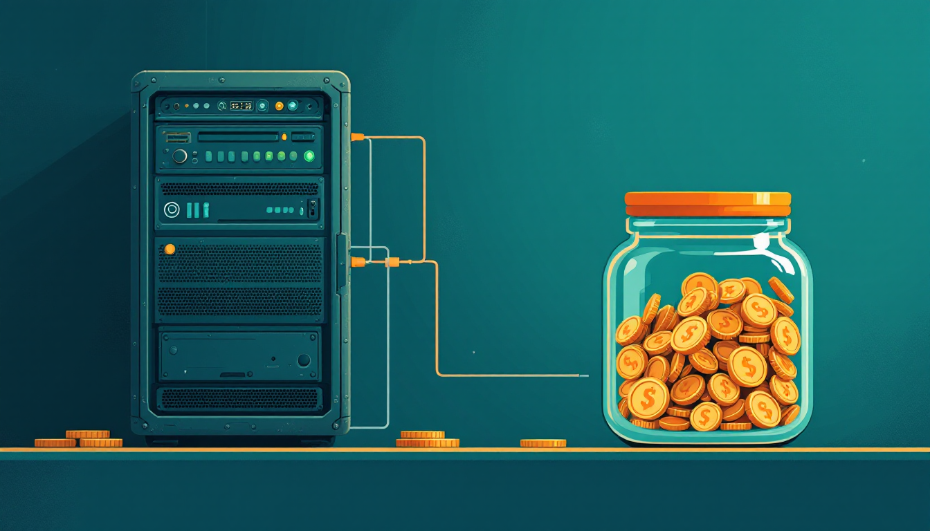 Teal office server rack wired by orange cables to a glass jar of coins, illustrating outdated IT draining a small business budget