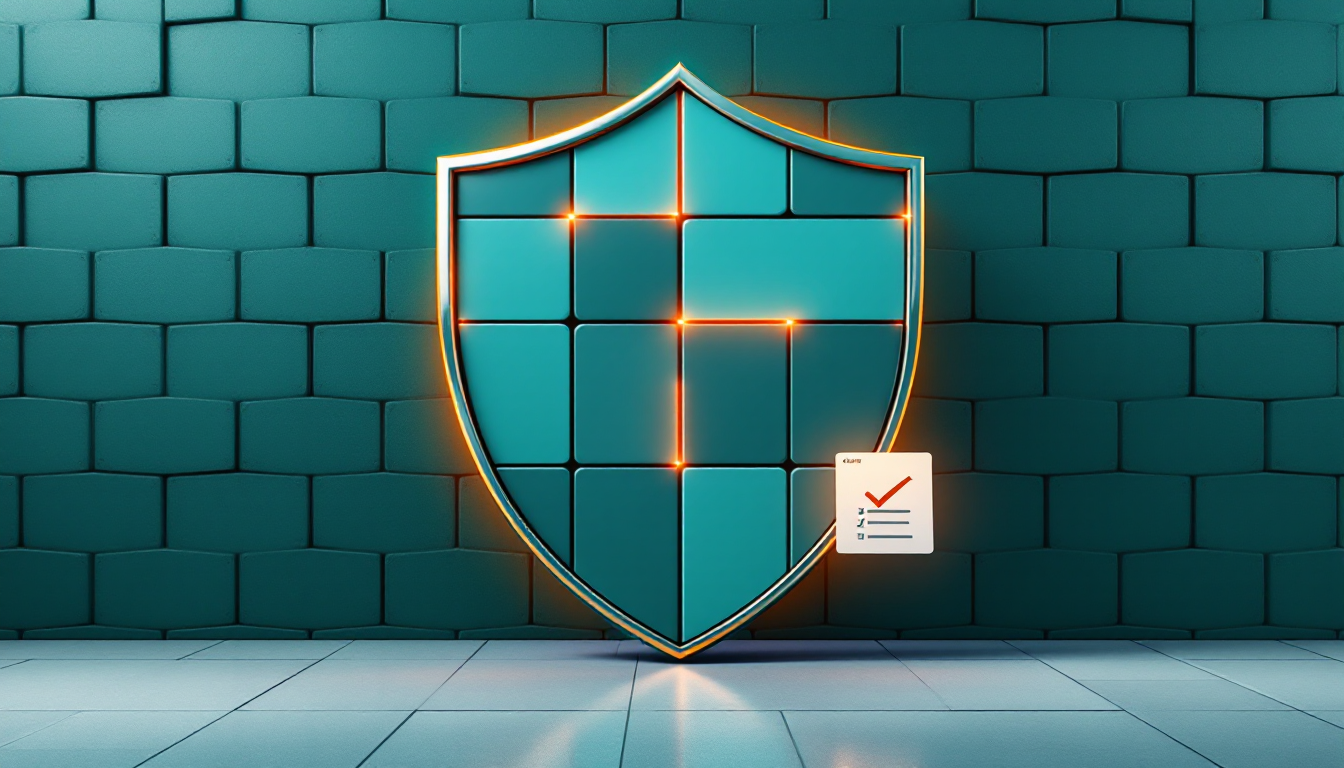 Teal shield built from interlocking tiles with orange glowing seams and a small checklist card beside it, representing a business scored against a named security standard
