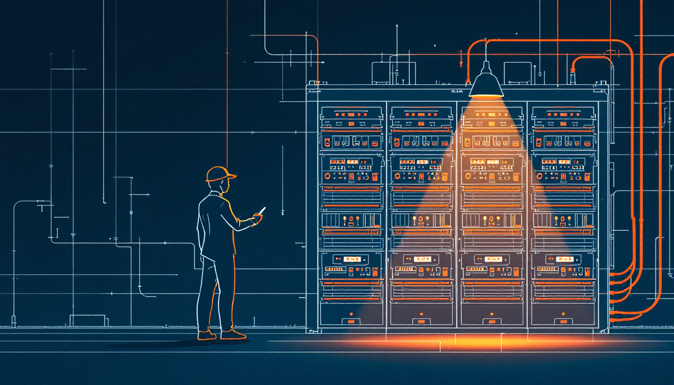 A server rack drawn as a blueprint in teal line art, with an orange inspection lamp lighting its shelves and an outside reviewer checking the design, illustrating an independent IT second opinion for Houston businesses