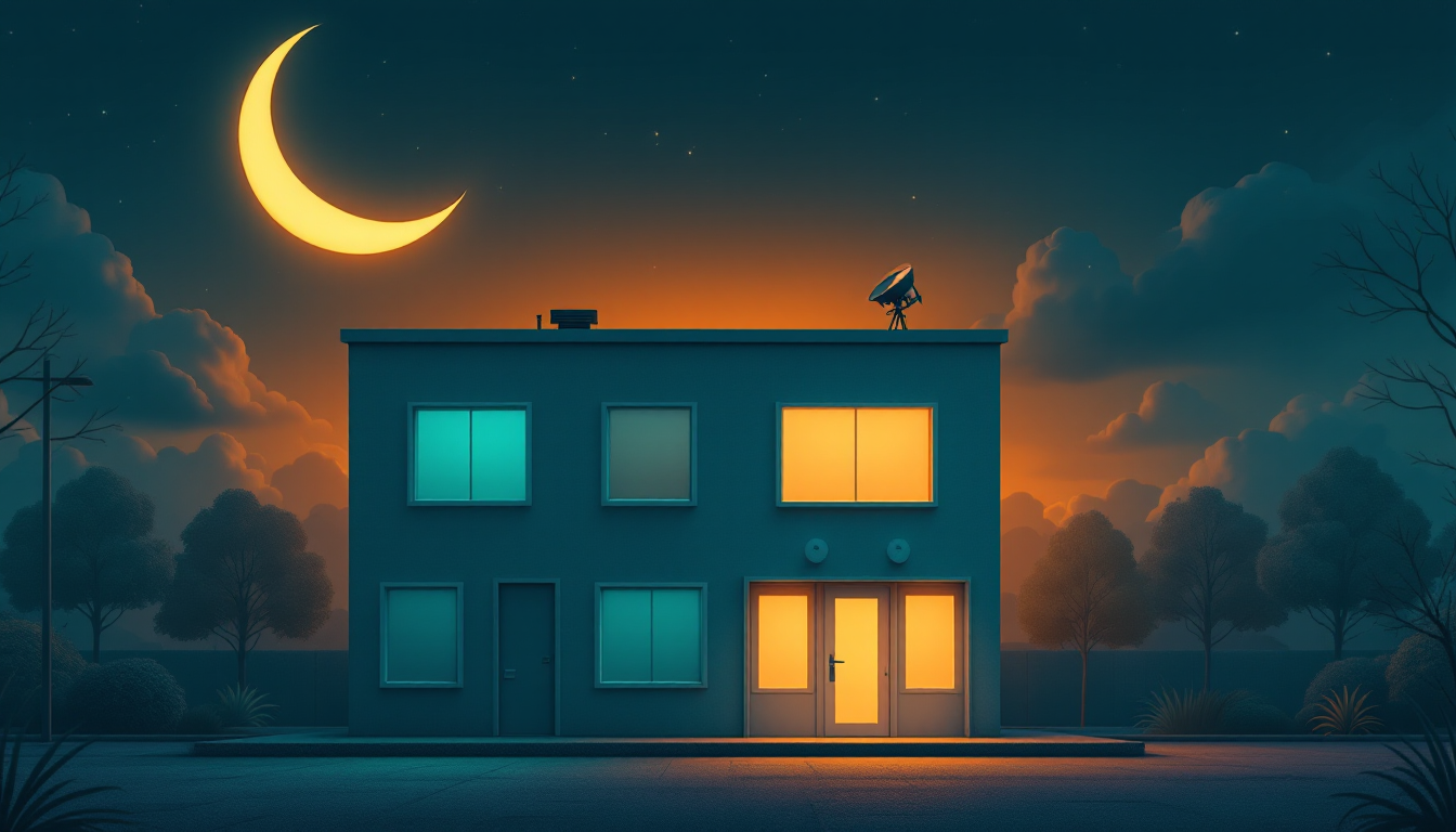 Illustration of a small office building at night under a crescent moon, with lit windows and a monitoring dish on the roof