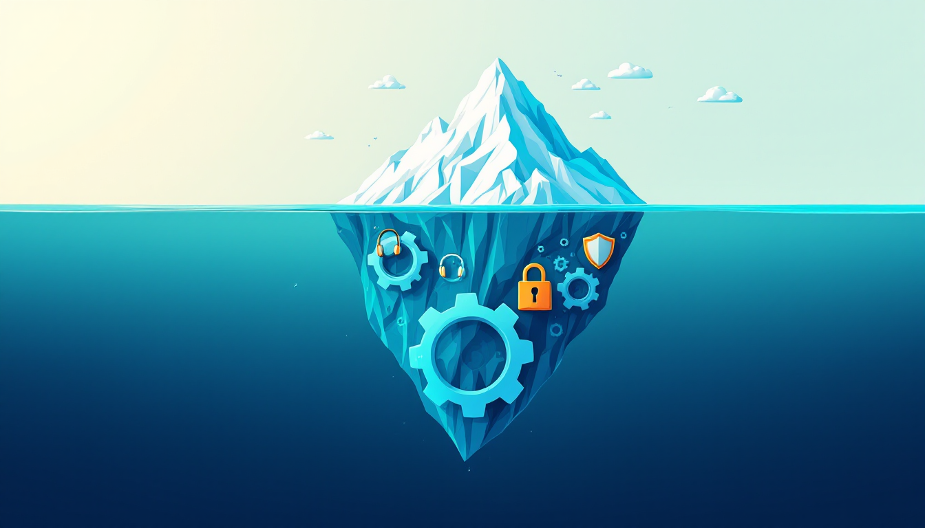 Iceberg with a help desk headset above the waterline and gears, a shield, a padlock and a cloud below it, showing that most managed IT work is unseen