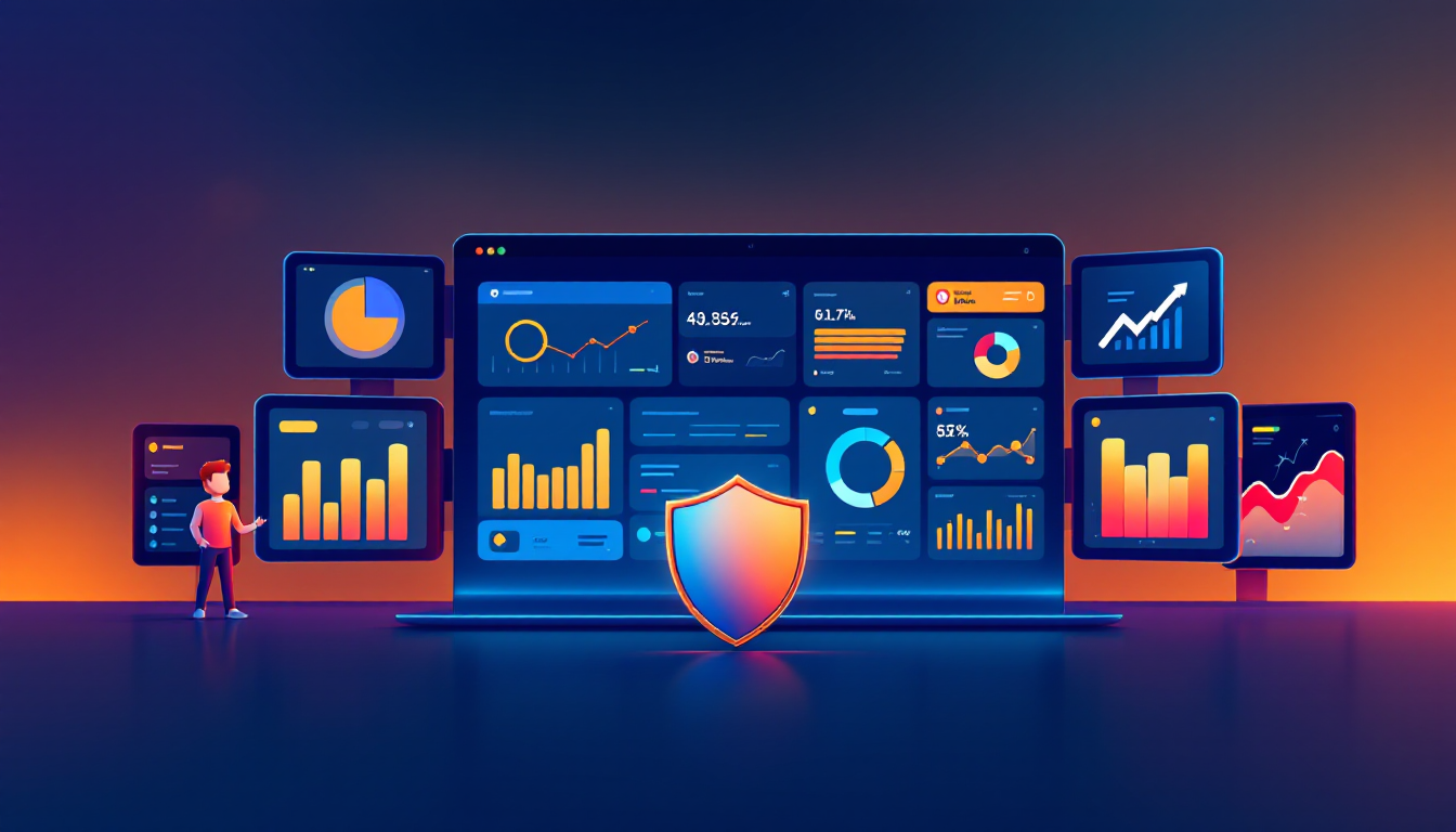 Illustration of several dashboard screens grouped around one large screen with a security shield in front