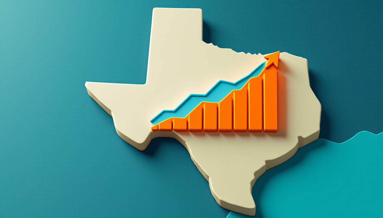 Texas AI Trends: outline of Texas with a rising bar and line chart